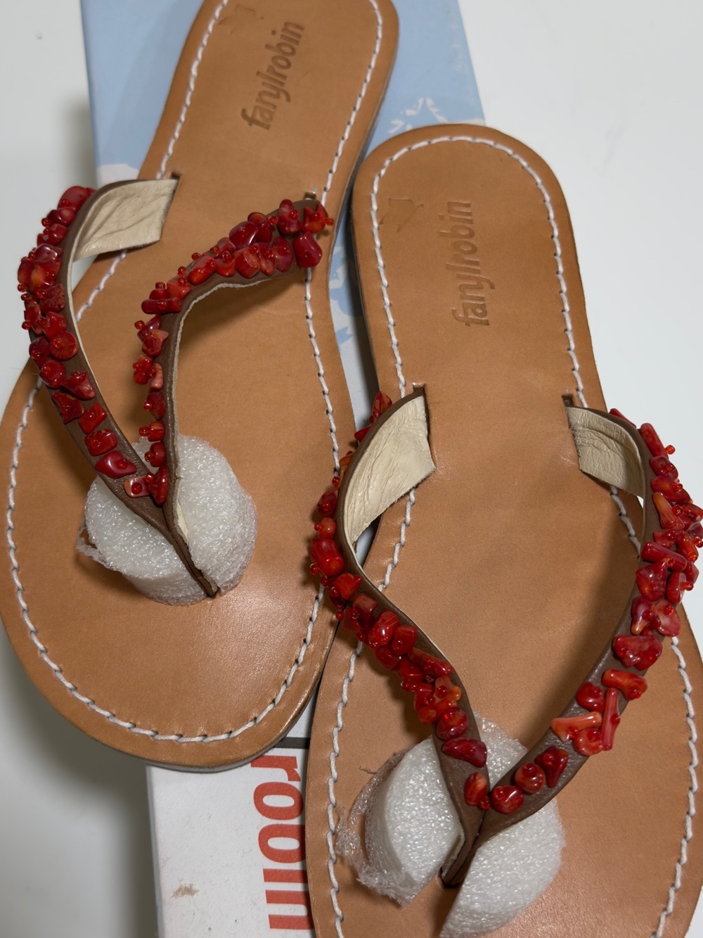 Farylrobin Coral Beaded T-Strap Sandals with leather Insole